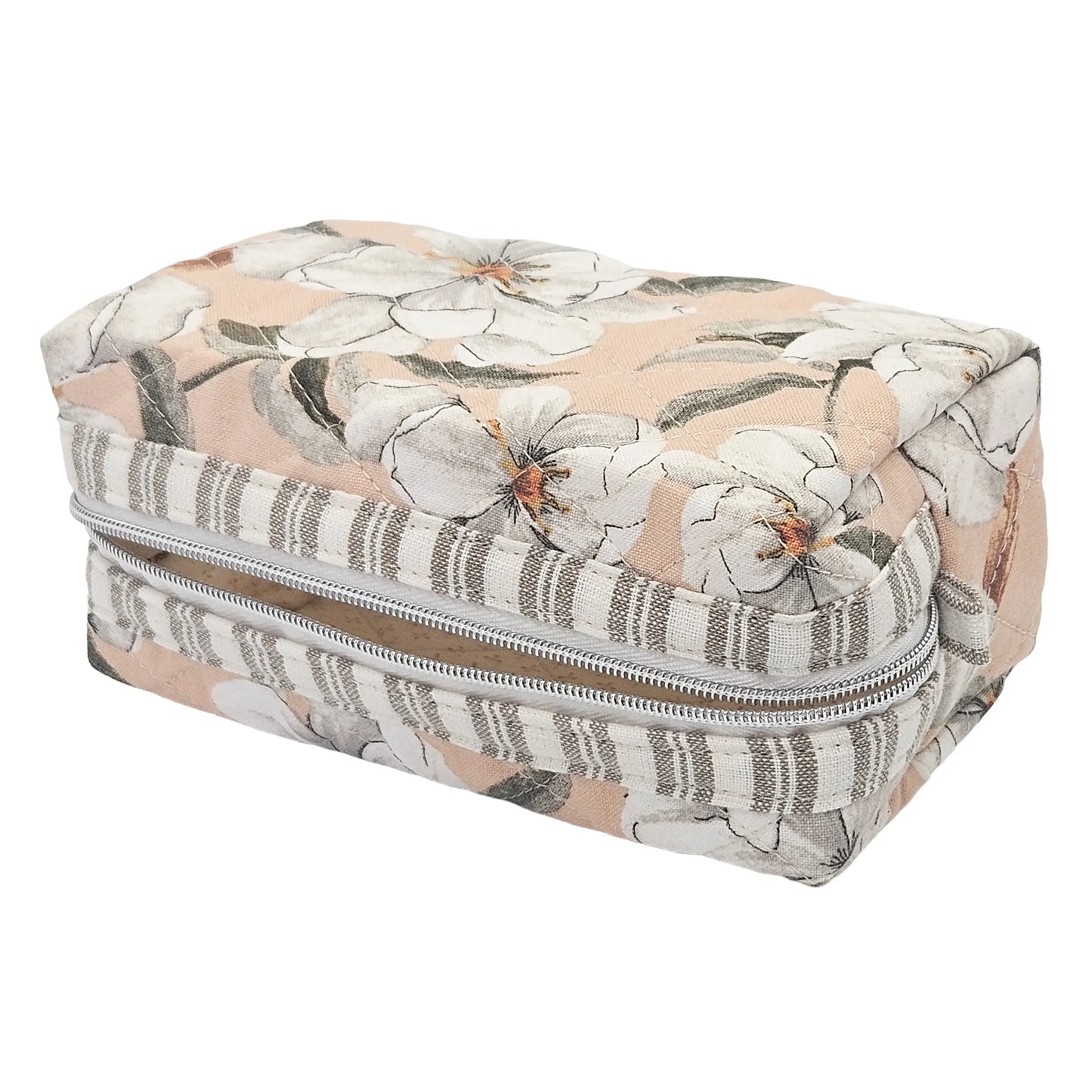 Peach White Magnolia Flower Striped Accent Quilted Pattern Mini Zipper Box Pouch