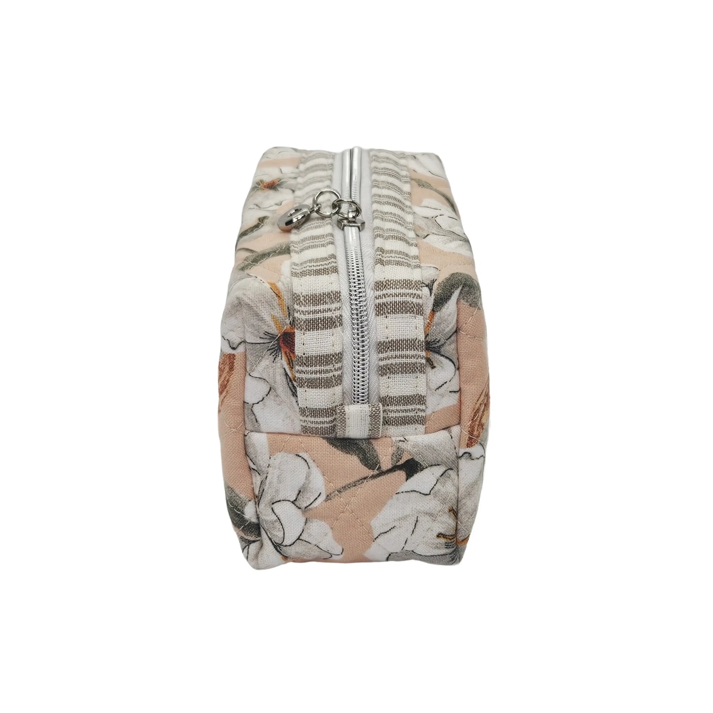 Peach White Magnolia Flower Striped Accent Quilted Pattern Mini Zipper Box Pouch