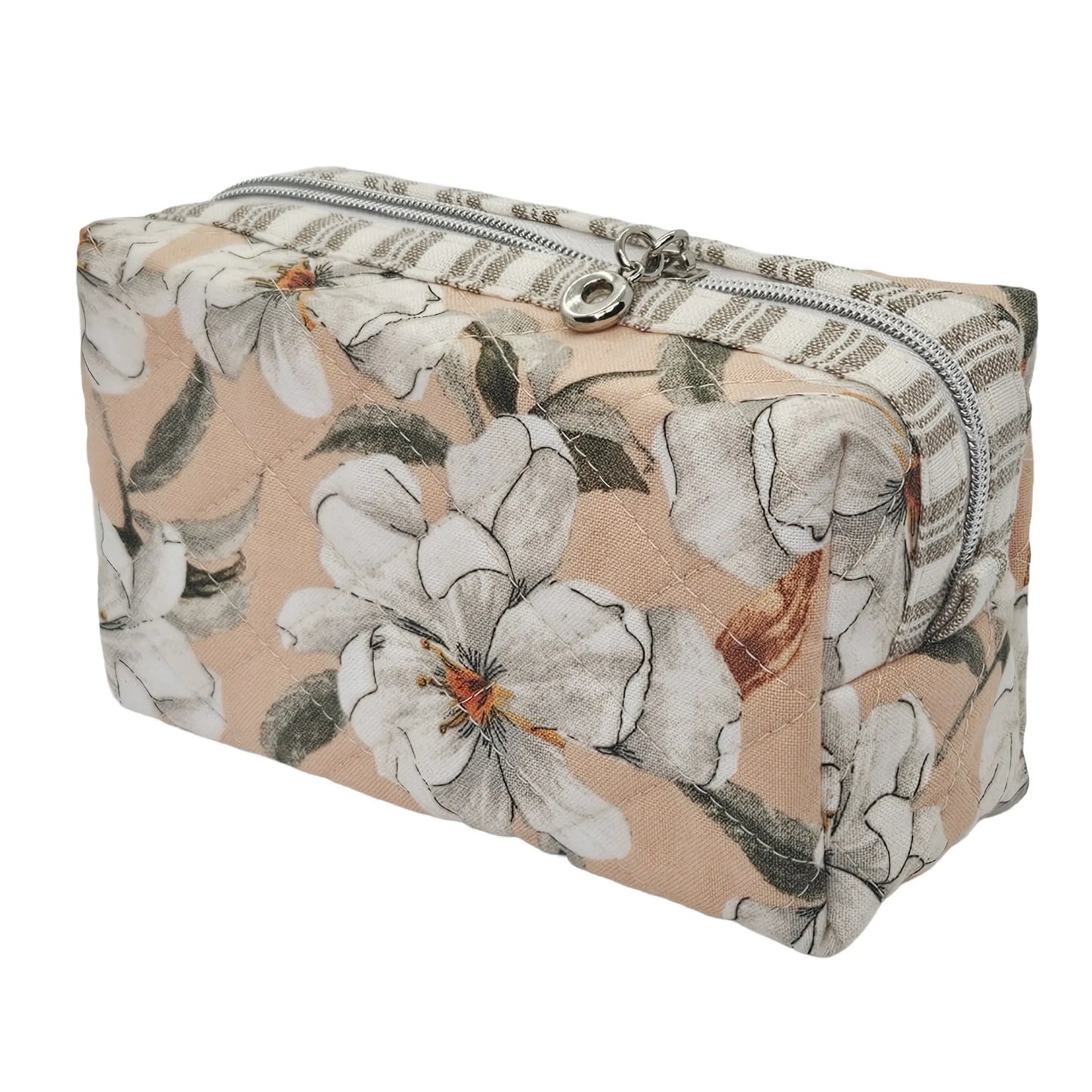Peach White Magnolia Flower Striped Accent Quilted Pattern Mini Zipper Box Pouch