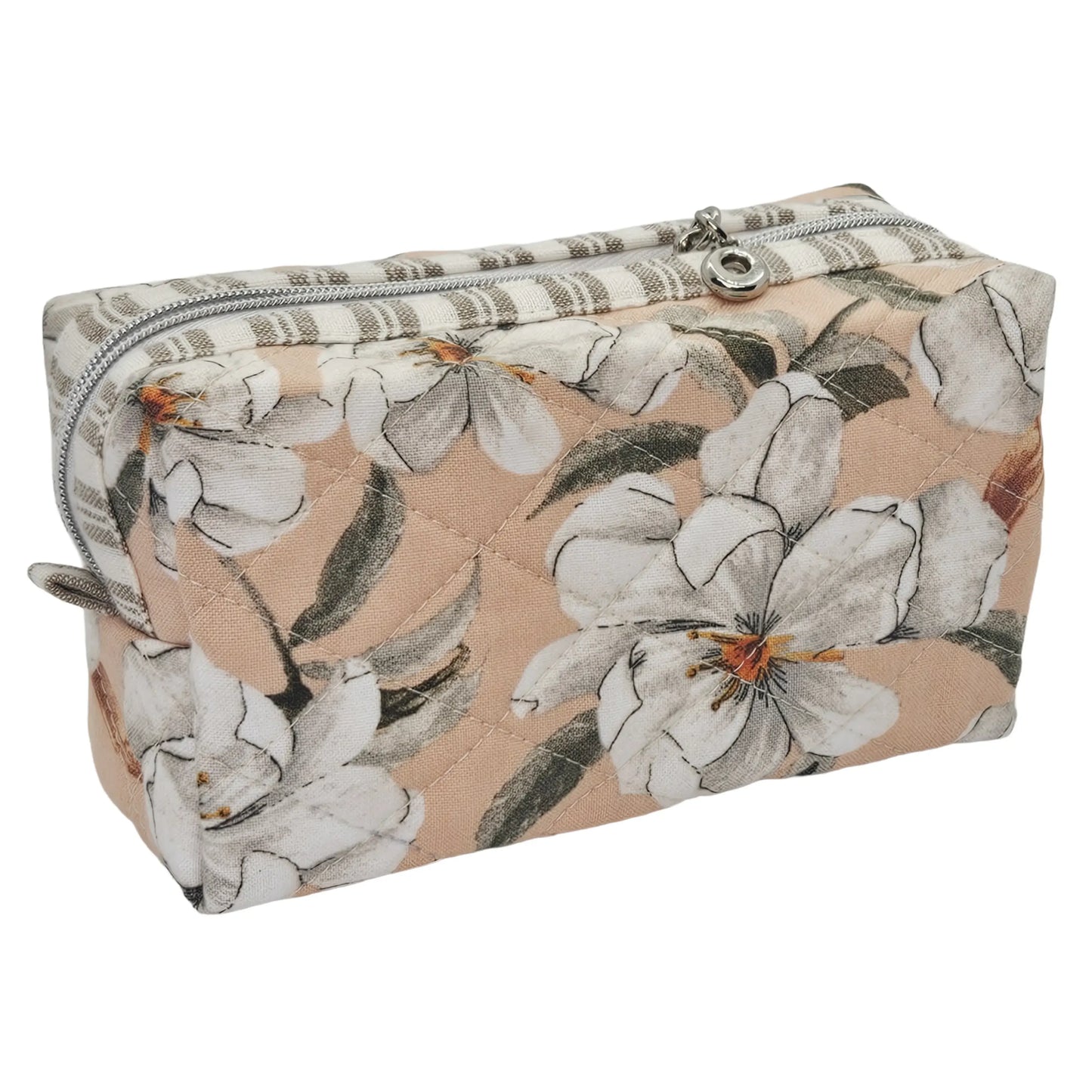 Peach White Magnolia Flower Striped Accent Quilted Pattern Mini Zipper Box Pouch