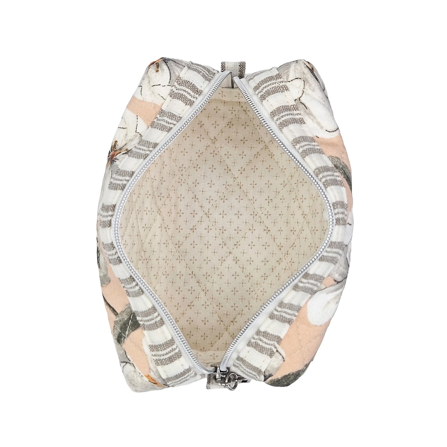 Peach White Magnolia Flower Striped Accent Quilted Pattern Mini Zipper Box Pouch