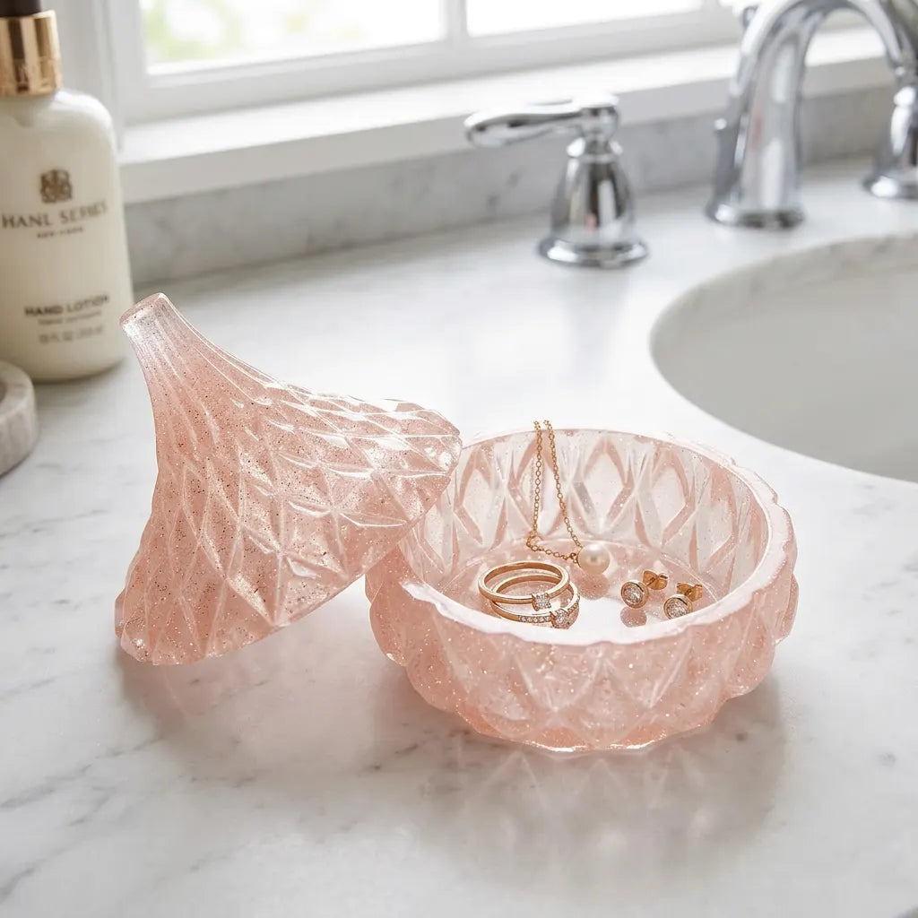 Rose Gold Pink Glitter Faceted Teardrop Resin Jewelry Jar