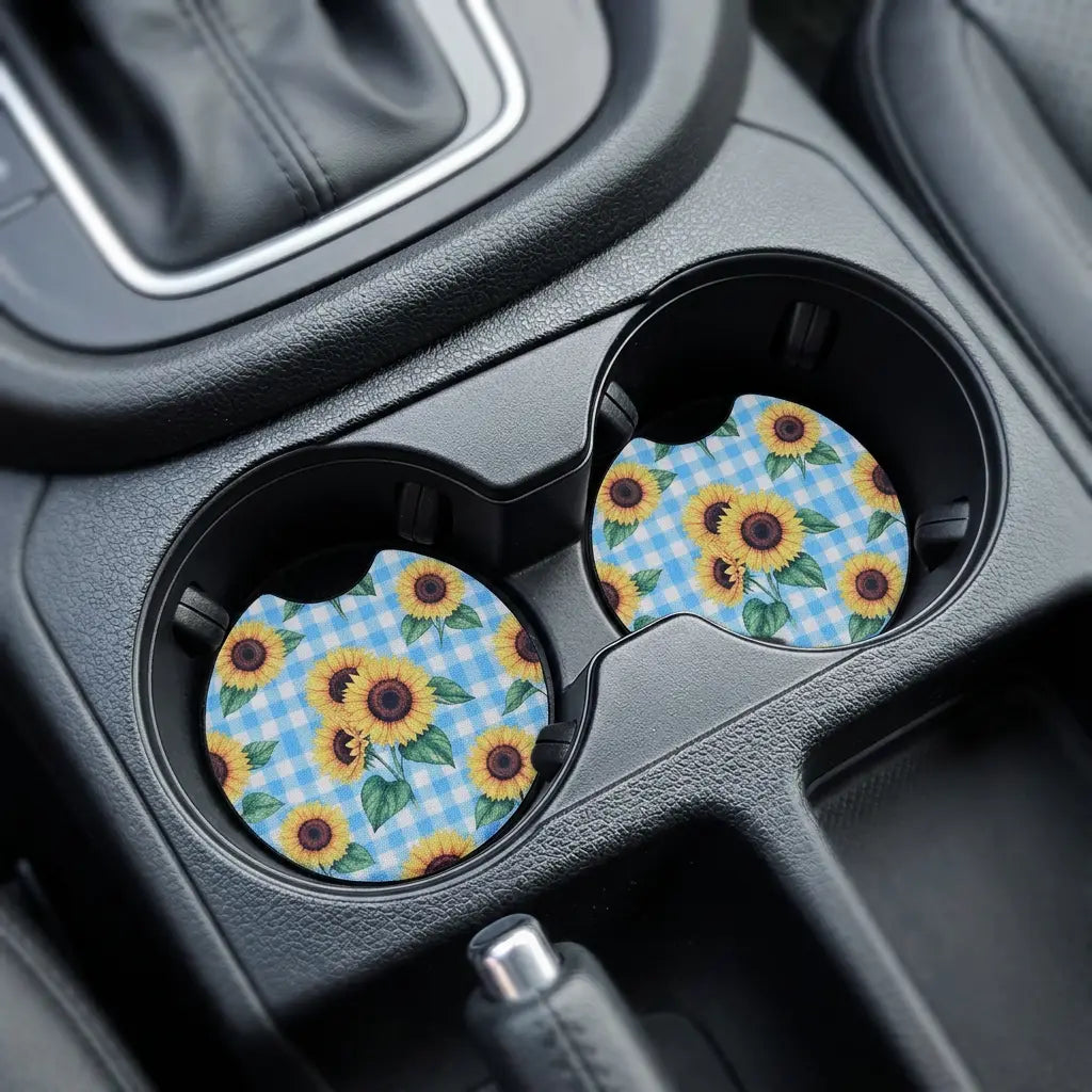 Sunflower Gingham Picnic 2-Pack Neoprene Car Coaster Set