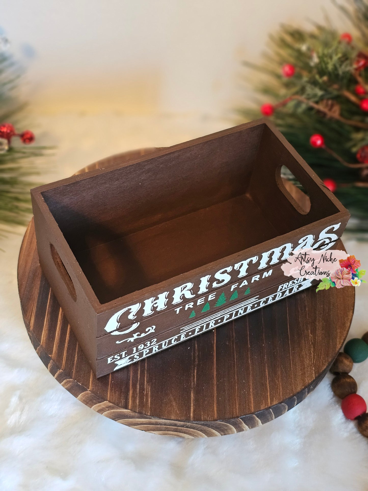 Christmas Tree Farm Brown Design Holiday Wood Mini Crate