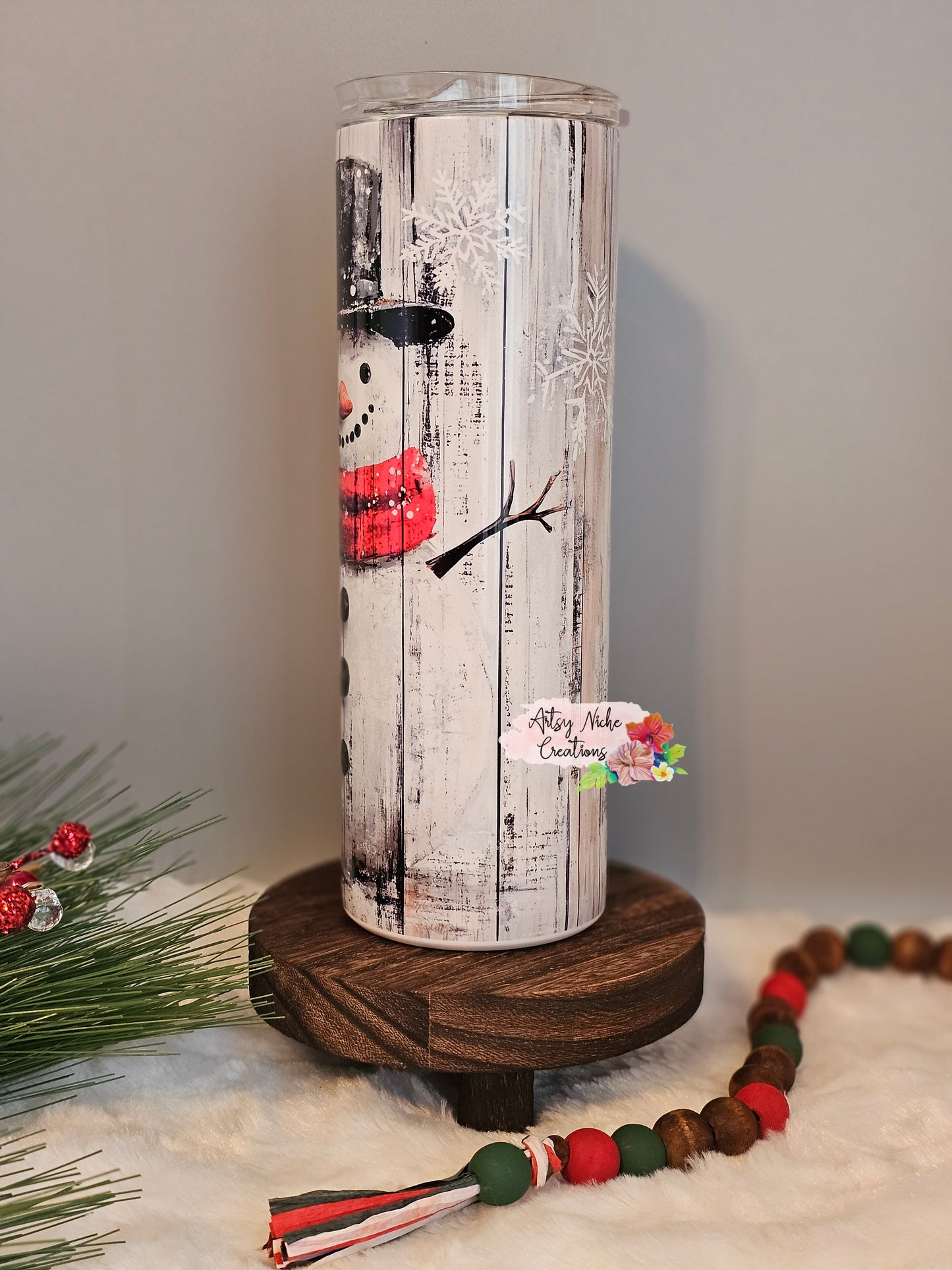 20 oz Vintage Style Snowman Snowing Distressed Wood Sublimation Tumbler - Imperfect