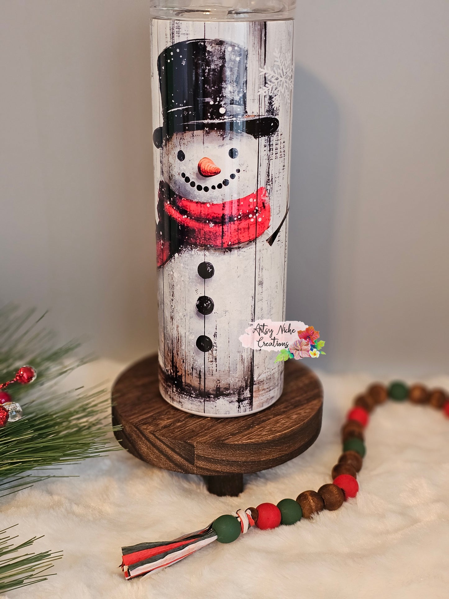 20 oz Vintage Style Snowman Snowing Distressed Wood Sublimation Tumbler - Imperfect