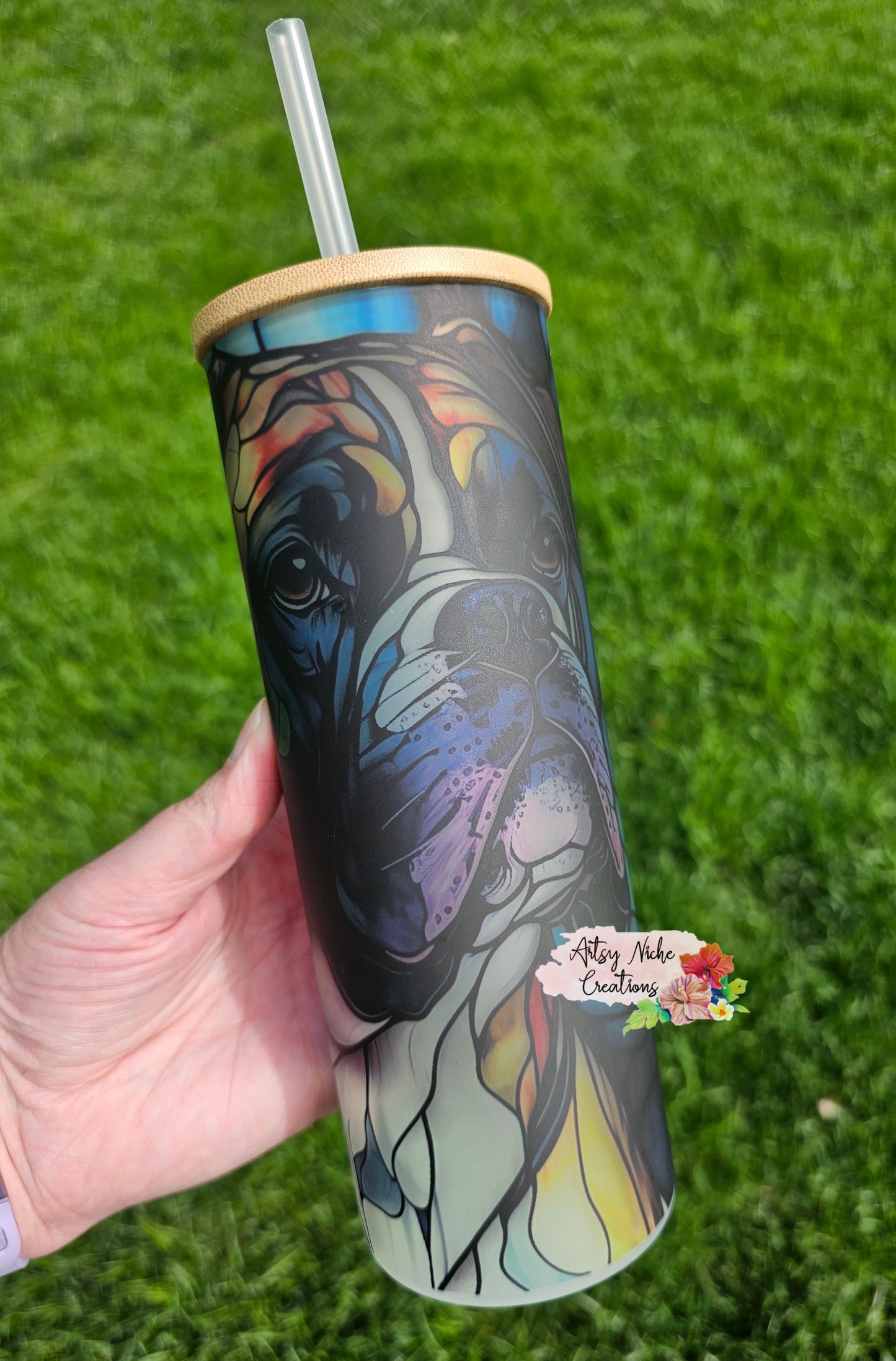 25 oz Stained Glass Image Boxer Dog Glass Sublimation Tumbler