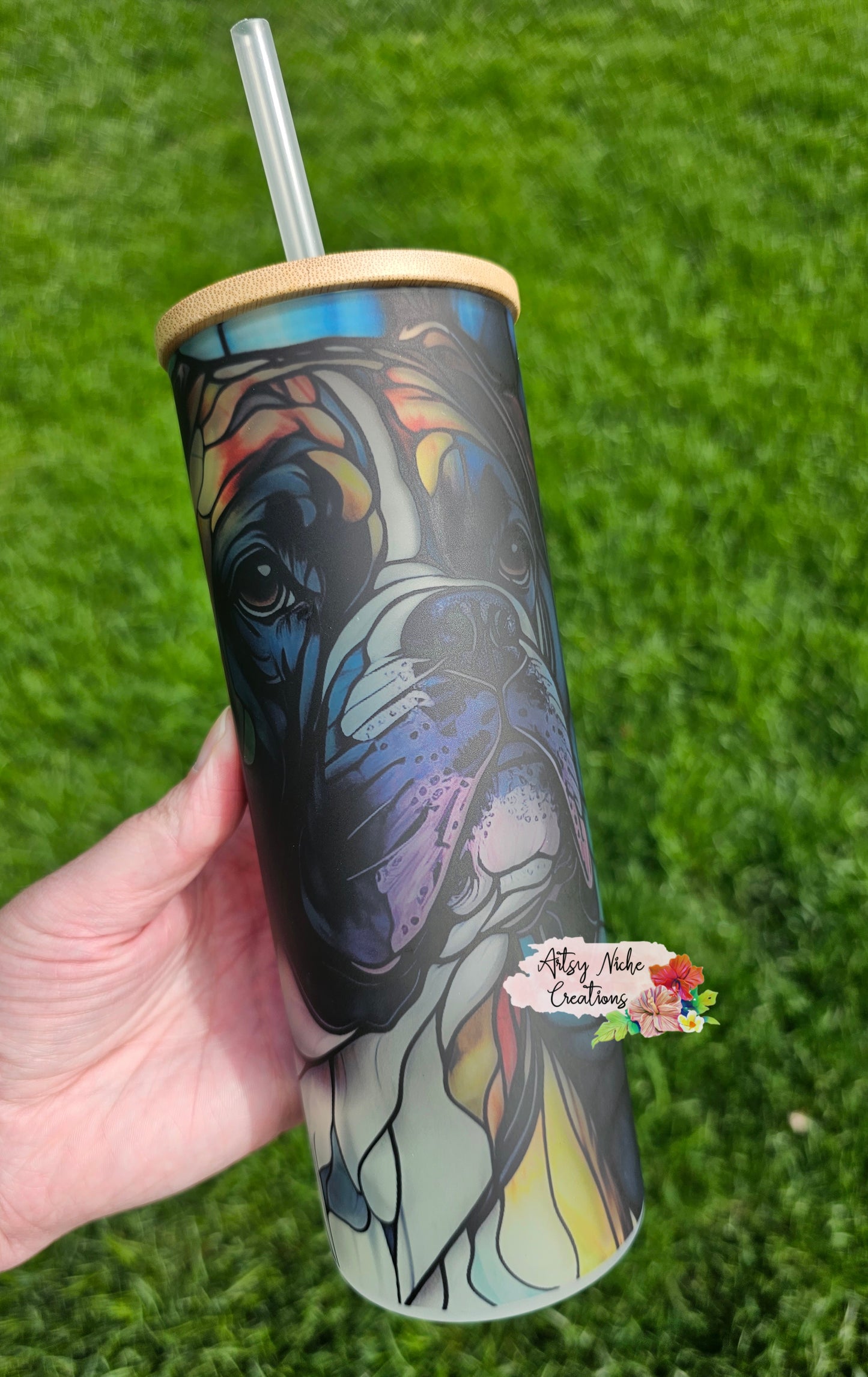 25 oz Stained Glass Image Boxer Dog Glass Sublimation Tumbler