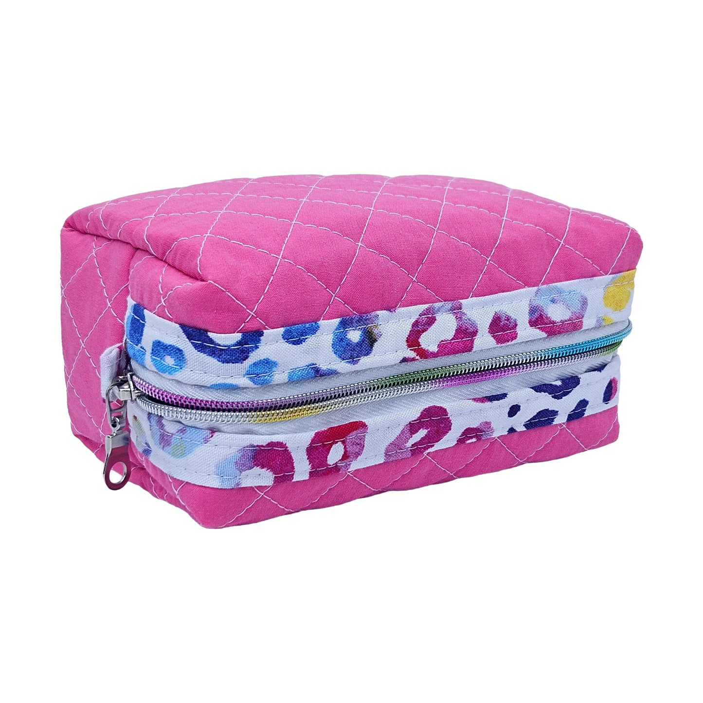 Hot Pink Rainbow Colored Leopard Print Accented Quilted Pattern Mini Zipper Box Pouch