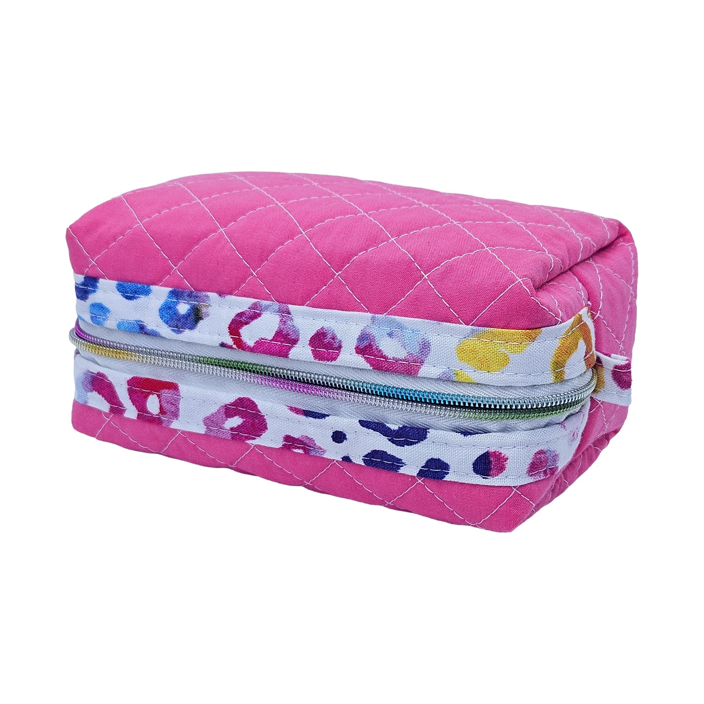 Hot Pink Rainbow Colored Leopard Print Accented Quilted Pattern Mini Zipper Box Pouch