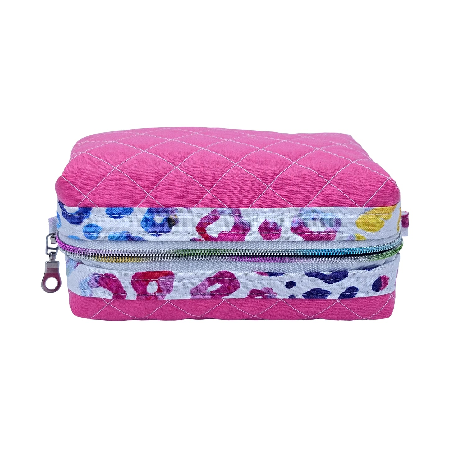 Hot Pink Rainbow Colored Leopard Print Accented Quilted Pattern Mini Zipper Box Pouch