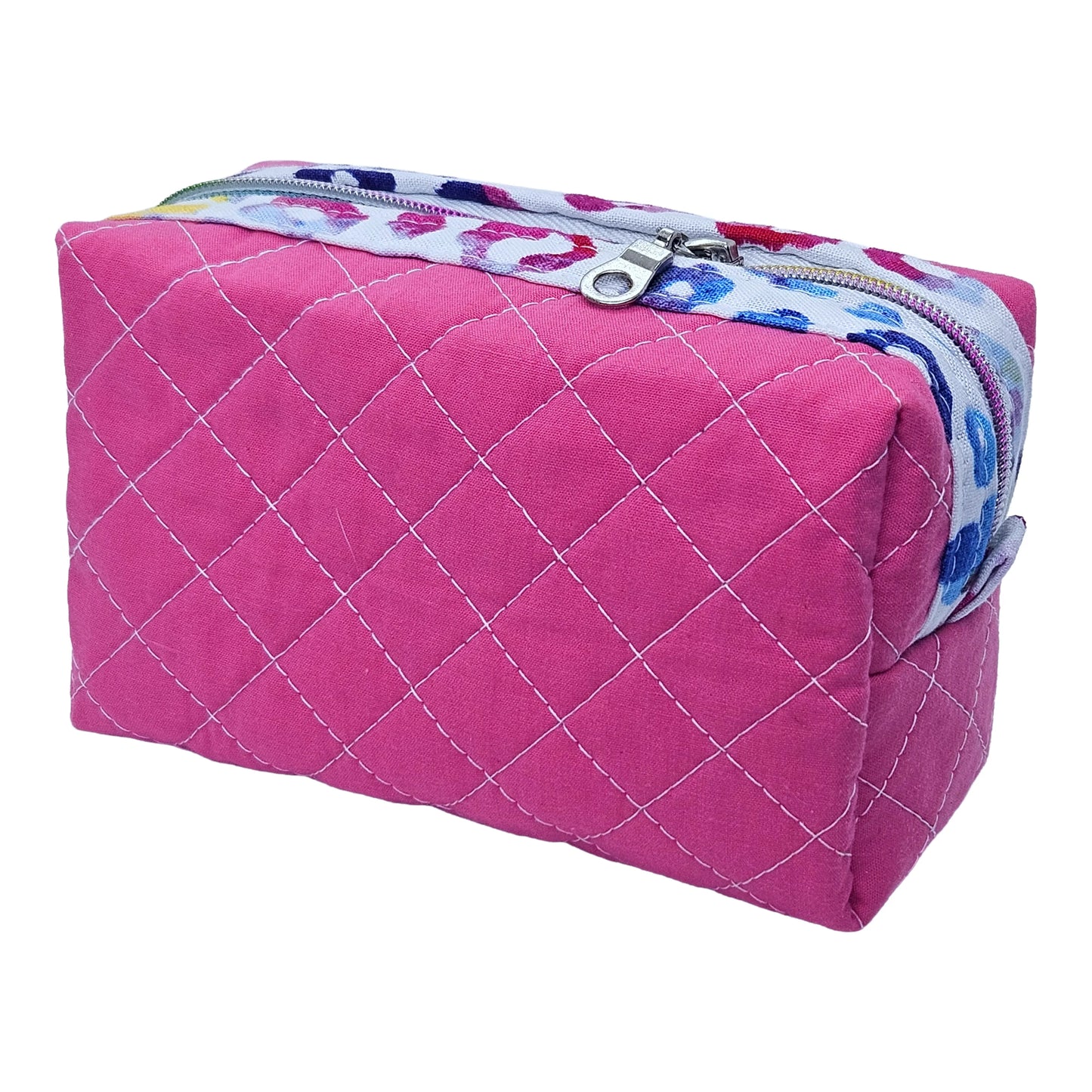 Hot Pink Rainbow Colored Leopard Print Accented Quilted Pattern Mini Zipper Box Pouch
