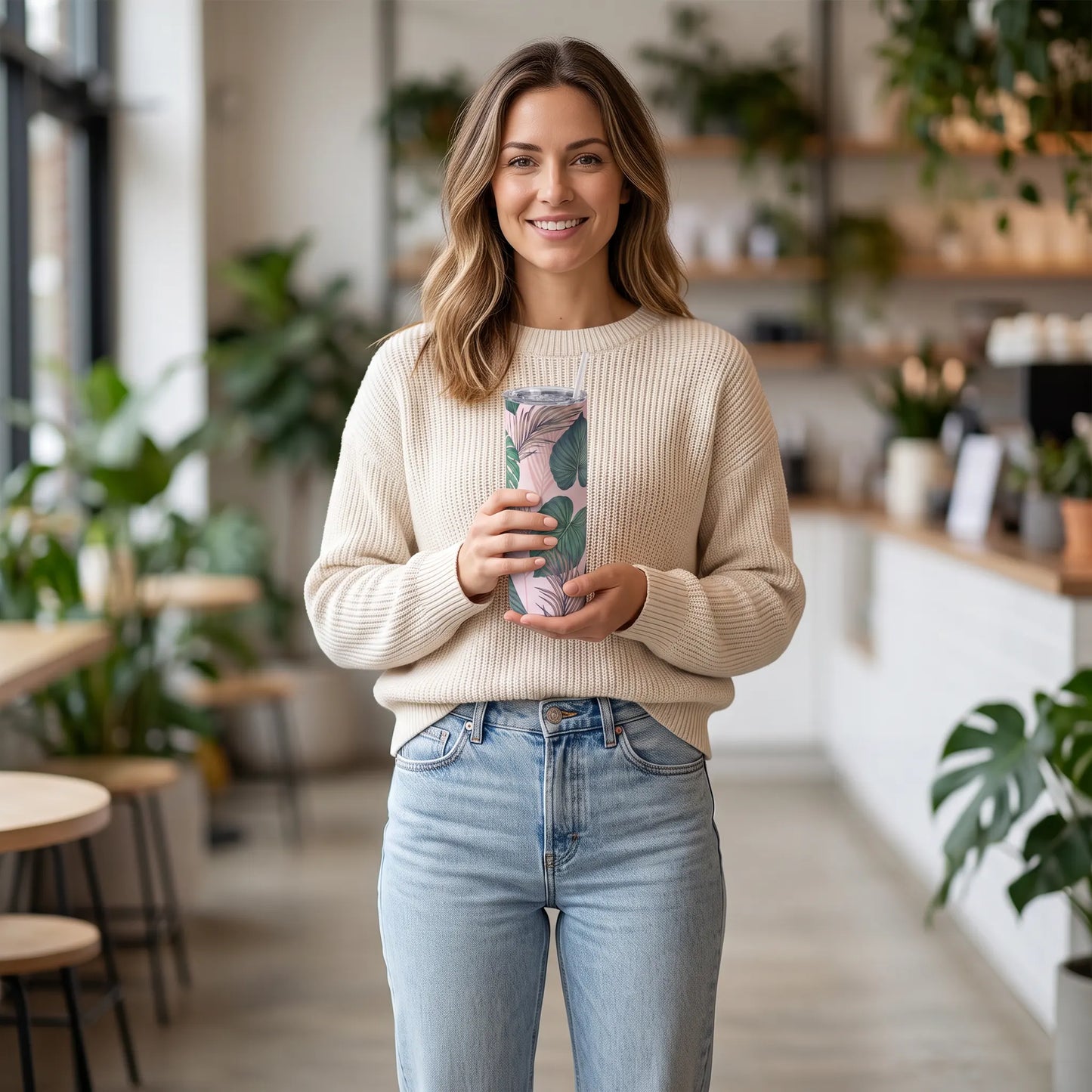 Pink Tropical Monstera & Palm Leaves 20oz Skinny Tumbler