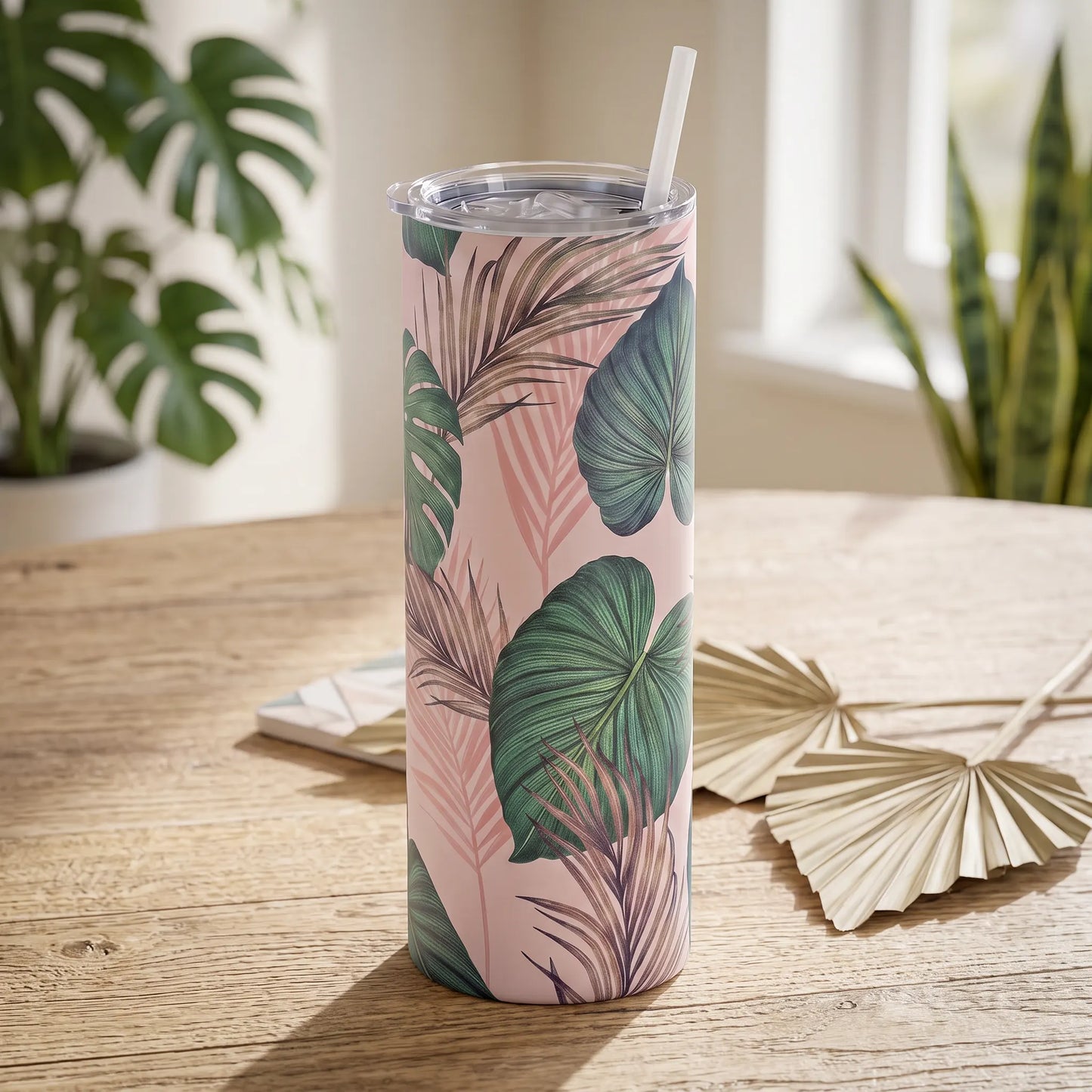 Pink Tropical Monstera & Palm Leaves 20oz Skinny Tumbler