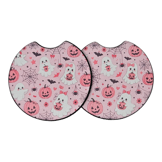 Pink Halloween Ghost & Pumpkin 2-Pack Neoprene Car Coaster Set