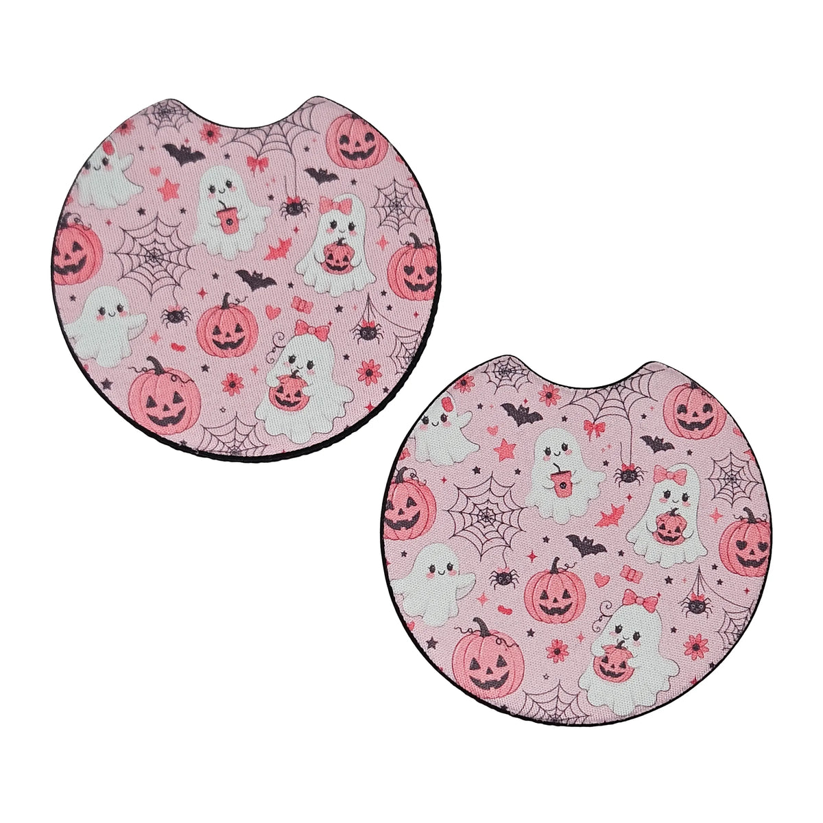 Pink Halloween Ghost & Pumpkin 2-Pack Neoprene Car Coaster Set