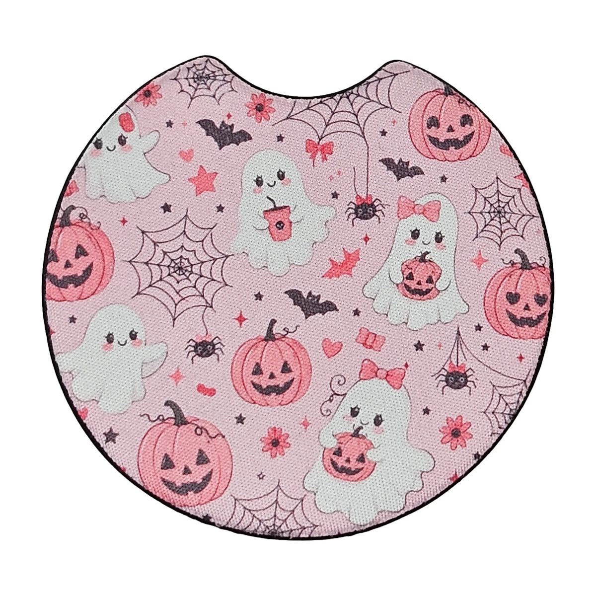 Pink Halloween Ghost & Pumpkin 2-Pack Neoprene Car Coaster Set