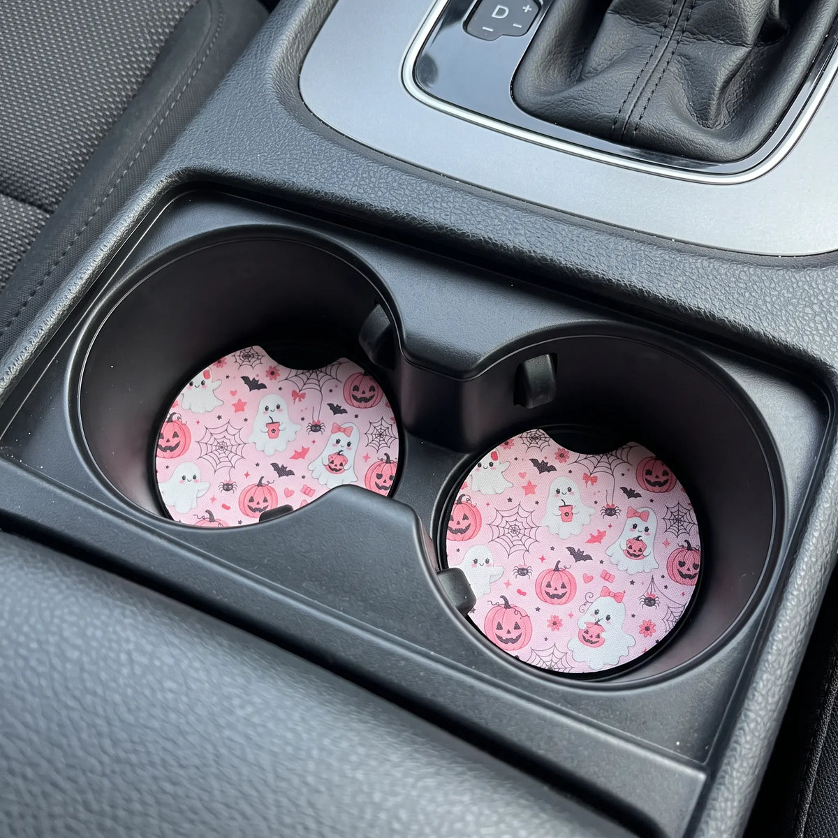Pink Halloween Ghost & Pumpkin 2-Pack Neoprene Car Coaster Set