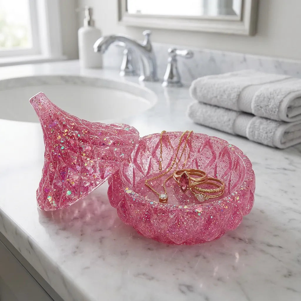 Pink Holographic Glitter Faceted Teardrop Resin Jewelry Jar