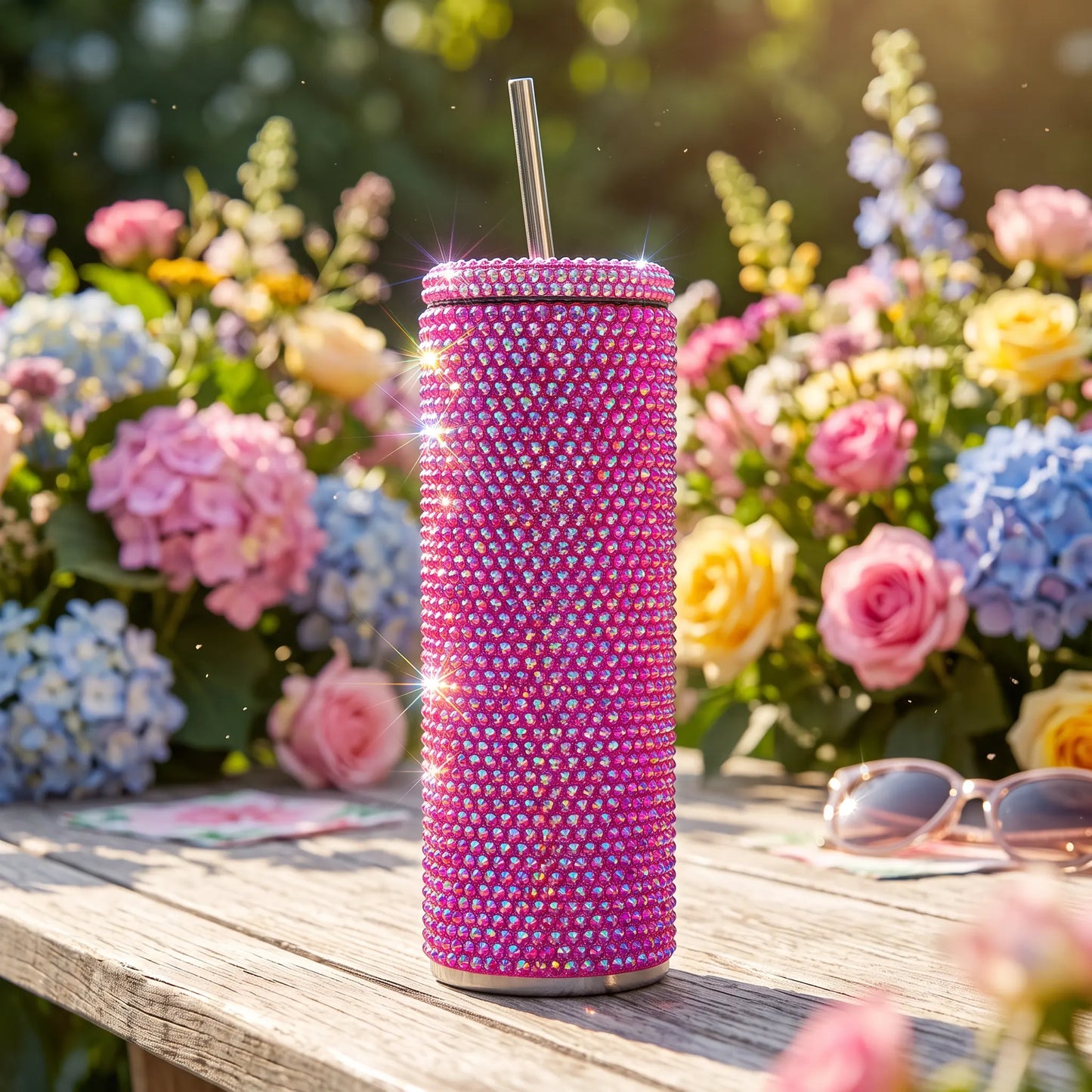 Pink Siam Aurora Borealis Rhinestone 20oz Skinny Tumbler
