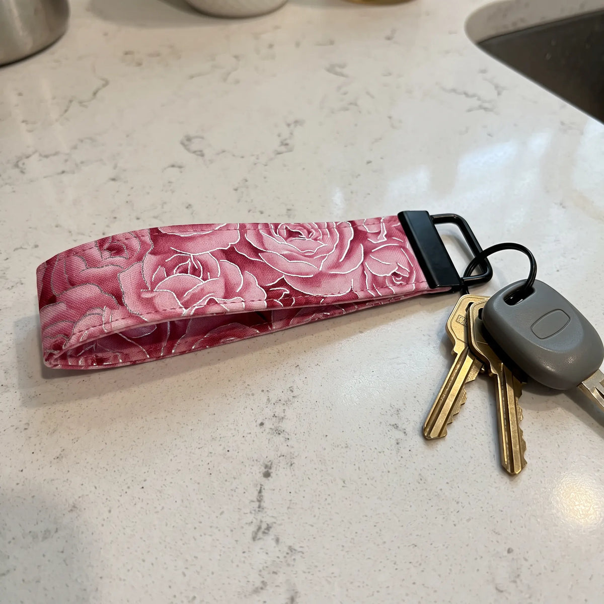 Pink Rose Silver Foil Accent Keychain Wristlet