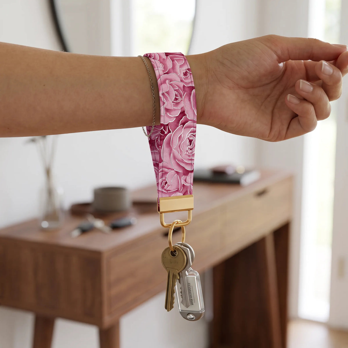 Pink Rose Silver Foil Accent Keychain Wristlet