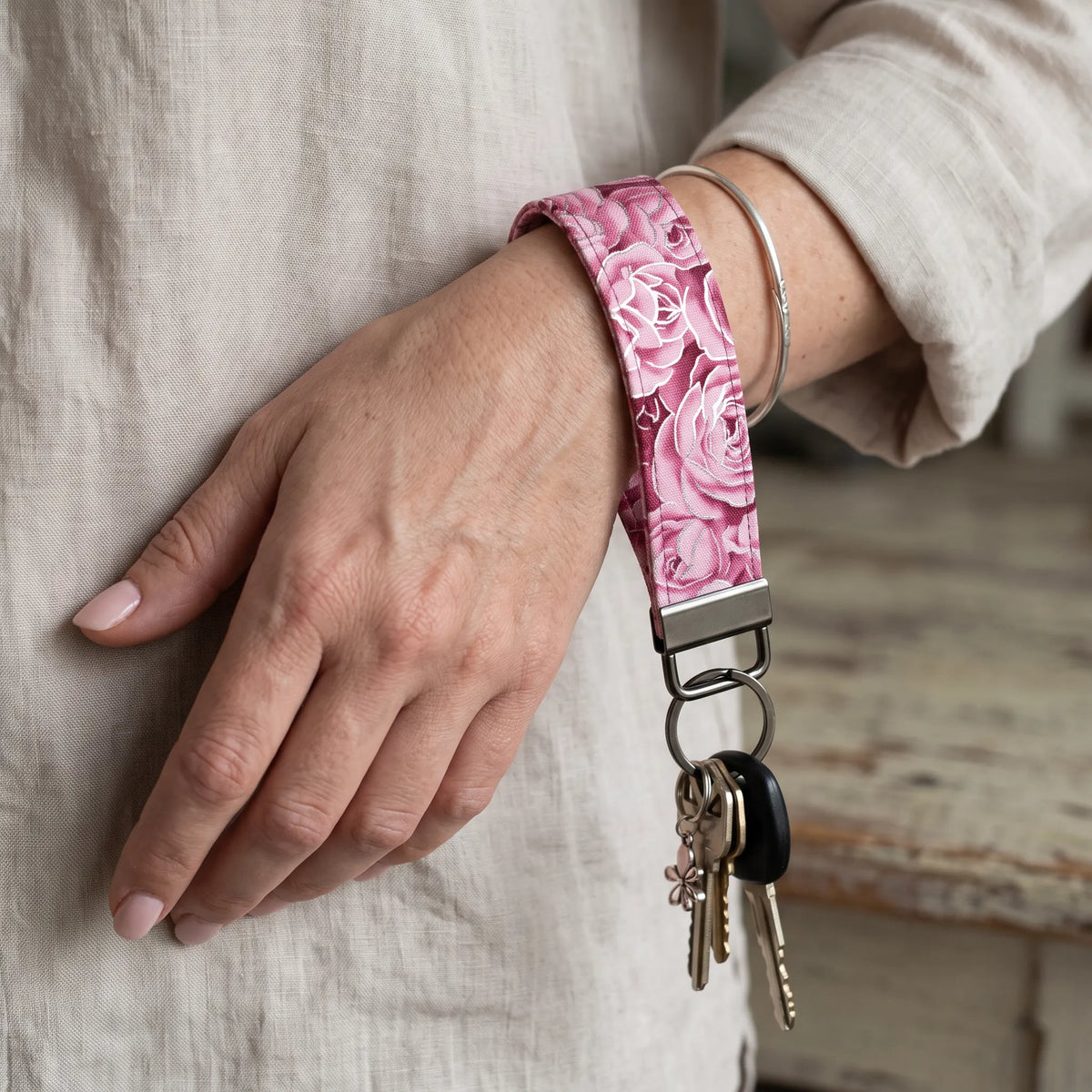 Pink Rose Silver Foil Accent Keychain Wristlet