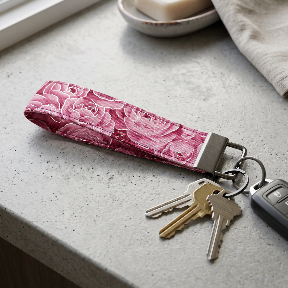Pink Rose Silver Foil Accent Keychain Wristlet