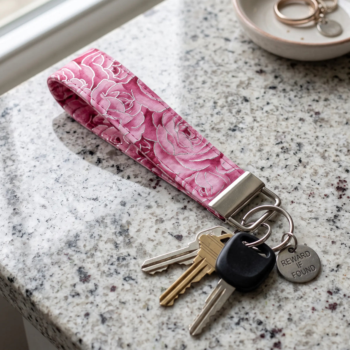 Pink Rose Silver Foil Accent Keychain Wristlet