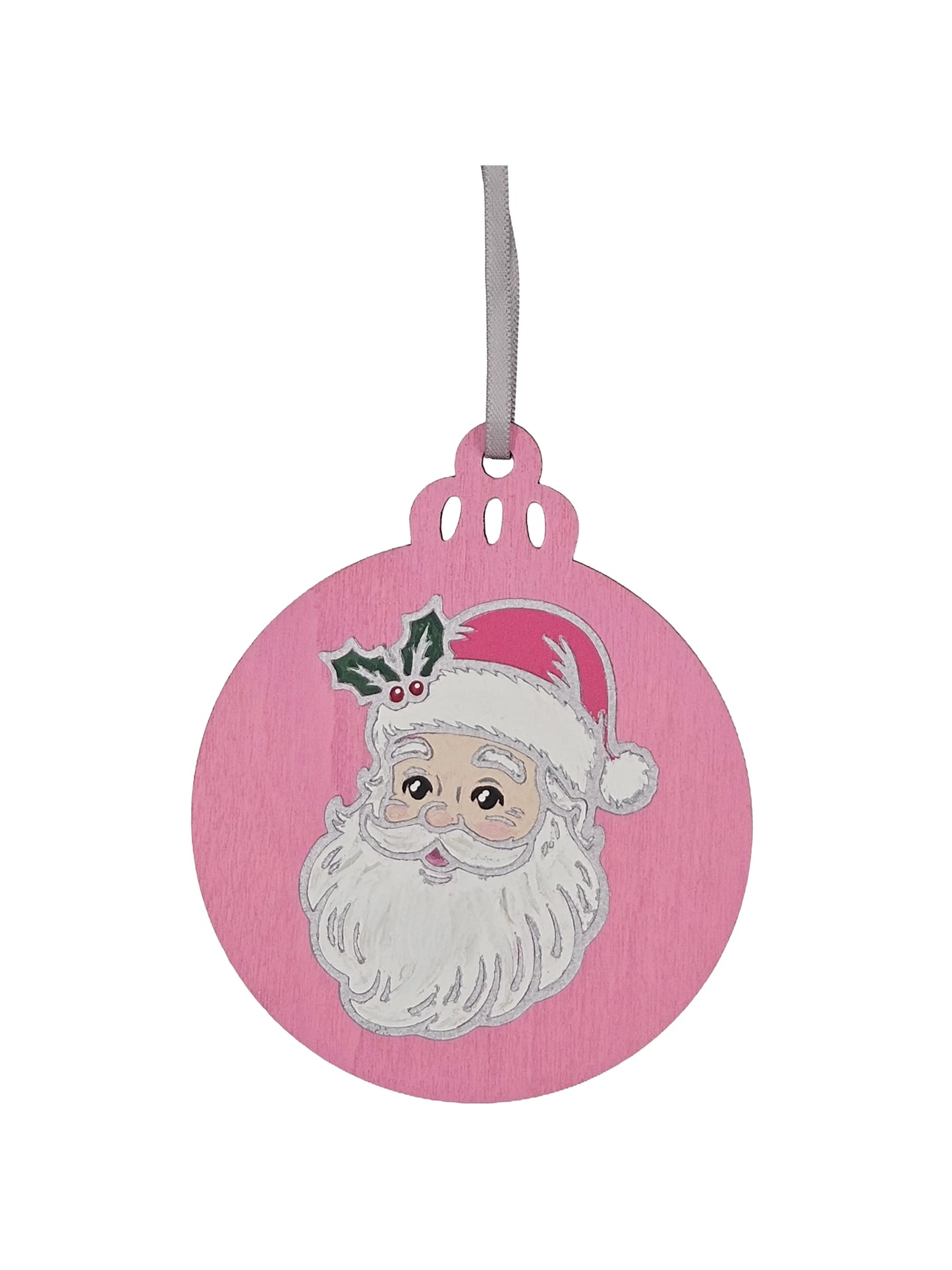 Pink Santa Portrait Handpainted Wooden Christmas Ornament