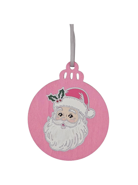 Pink Santa Portrait Handpainted Wooden Christmas Ornament