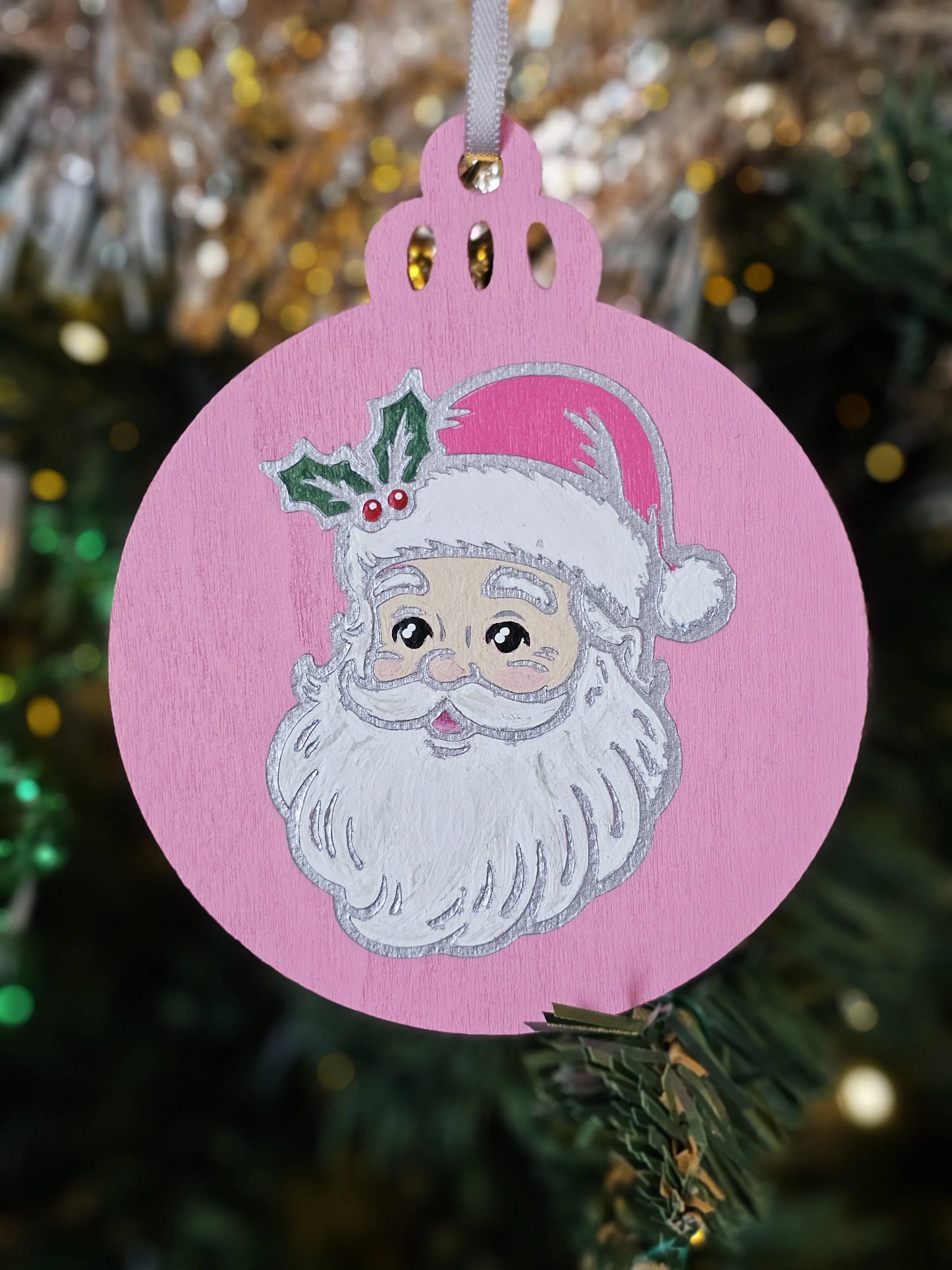 Pink Santa Portrait Handpainted Wooden Christmas Ornament