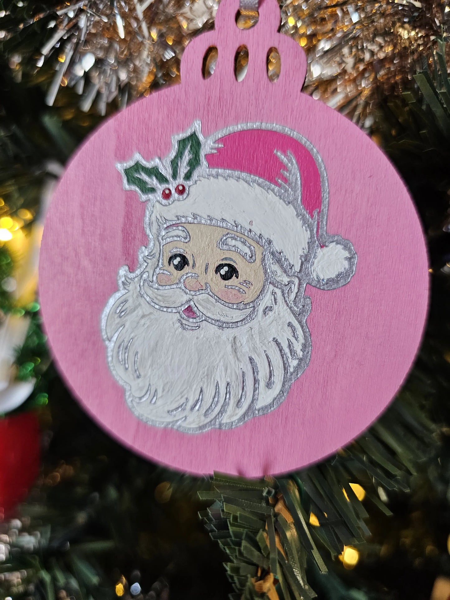 Pink Santa Portrait Handpainted Wooden Christmas Ornament