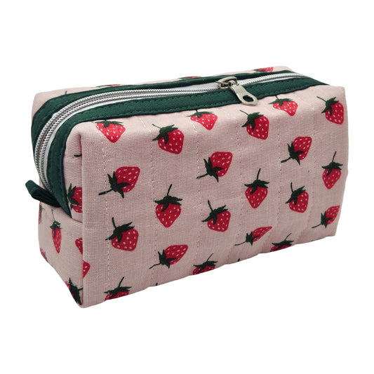 Pink Strawberry Pattern Handmade Mini Quilted Zipper Box Pouch