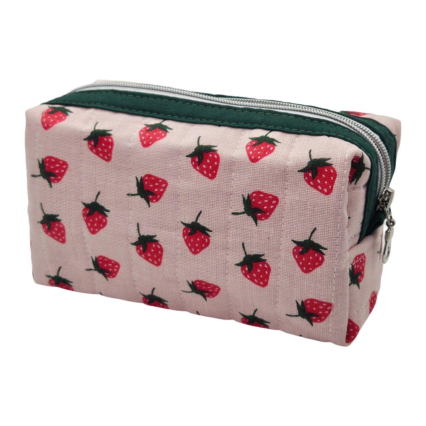 Pink Strawberry Pattern Handmade Mini Quilted Zipper Box Pouch