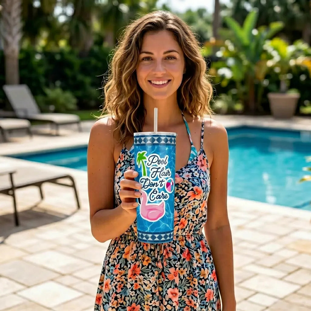 20 oz Skinny Pool Hair Don't Care Sublimation Tumbler