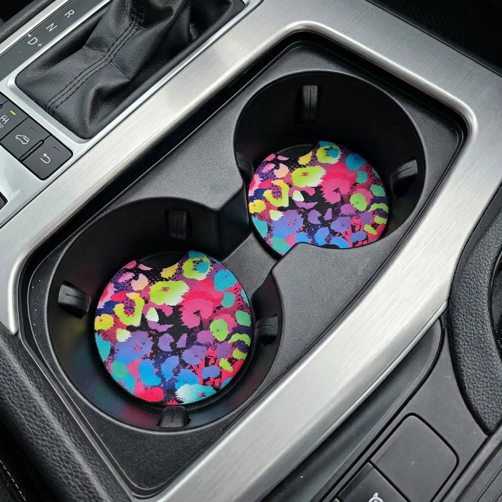 Rainbow Leopard Print 2 Pack Neoprene Car Coaster Set