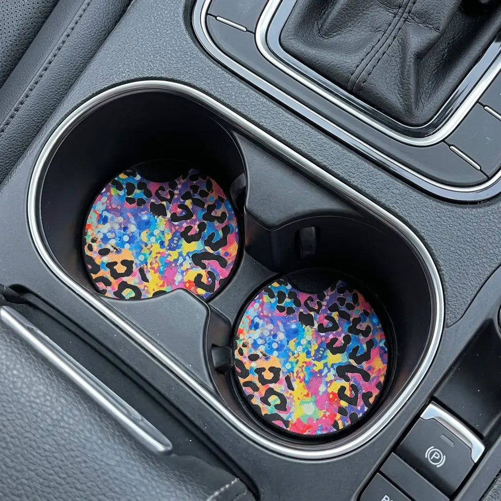 Rainbow Leopard Print 2 Pack Neoprene Car Coaster Set