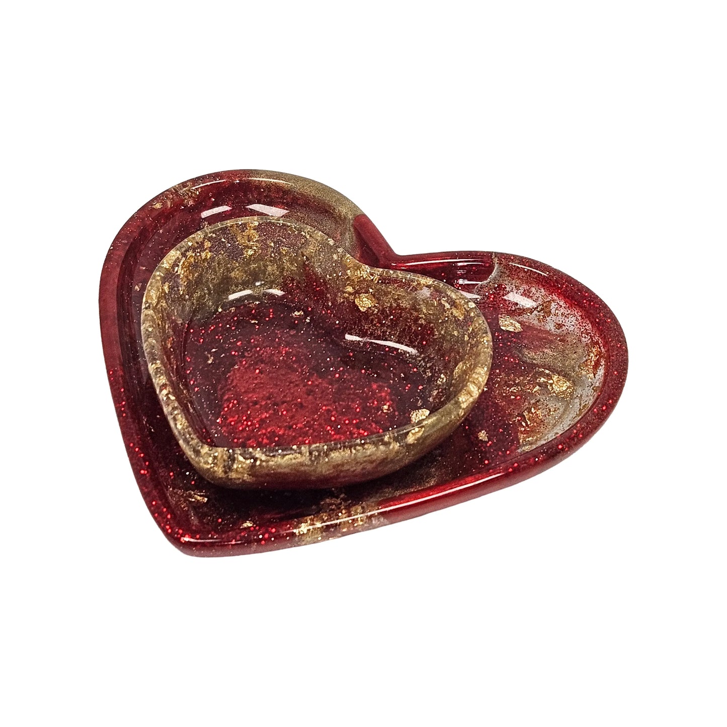 Red and Gold Glitter Resin Heart Tray 2-Piece Set