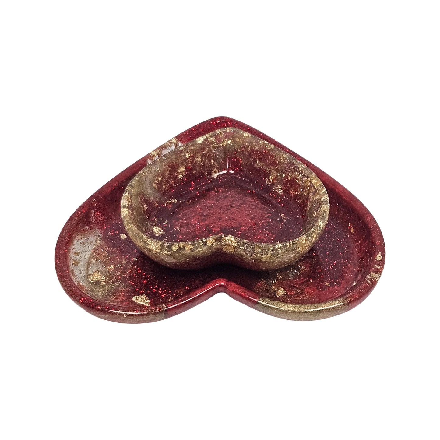 Red and Gold Glitter Resin Heart Tray 2-Piece Set