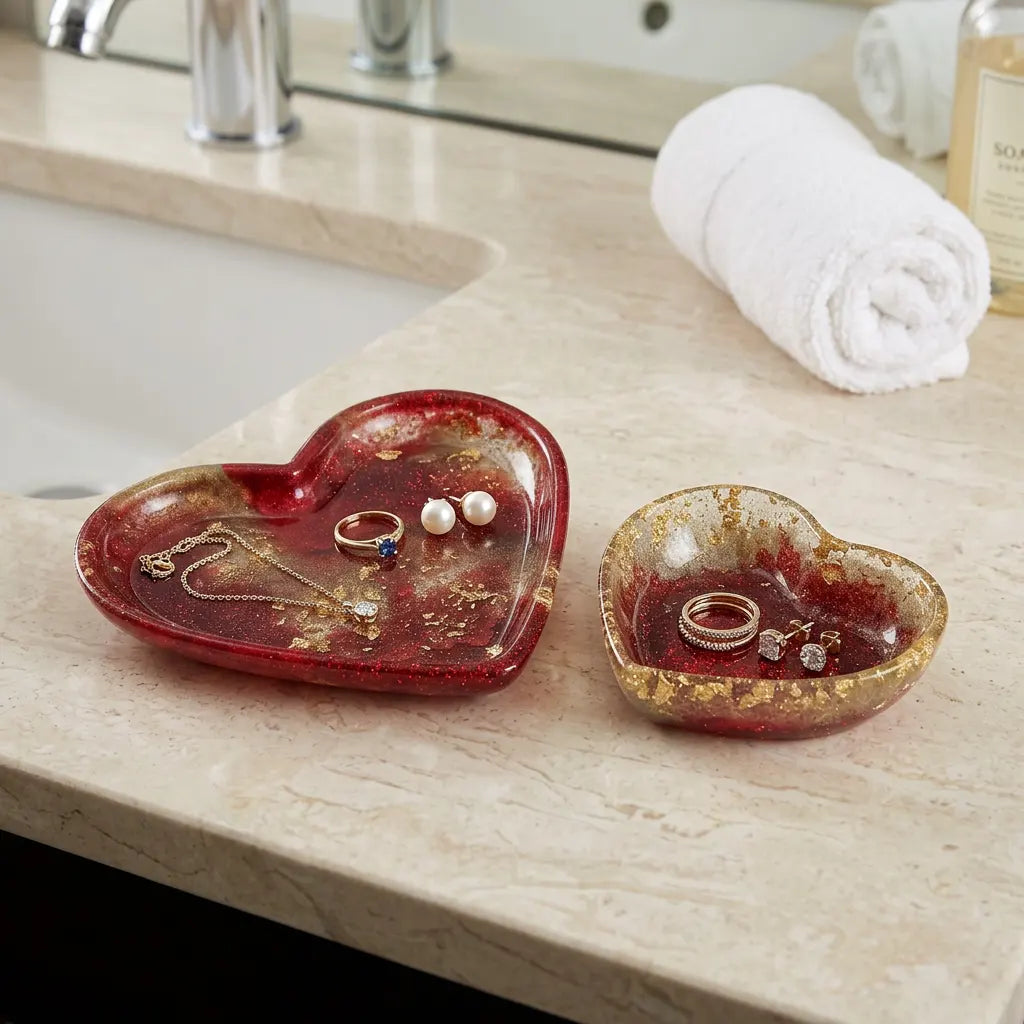 Red and Gold Glitter Resin Heart Tray 2-Piece Set