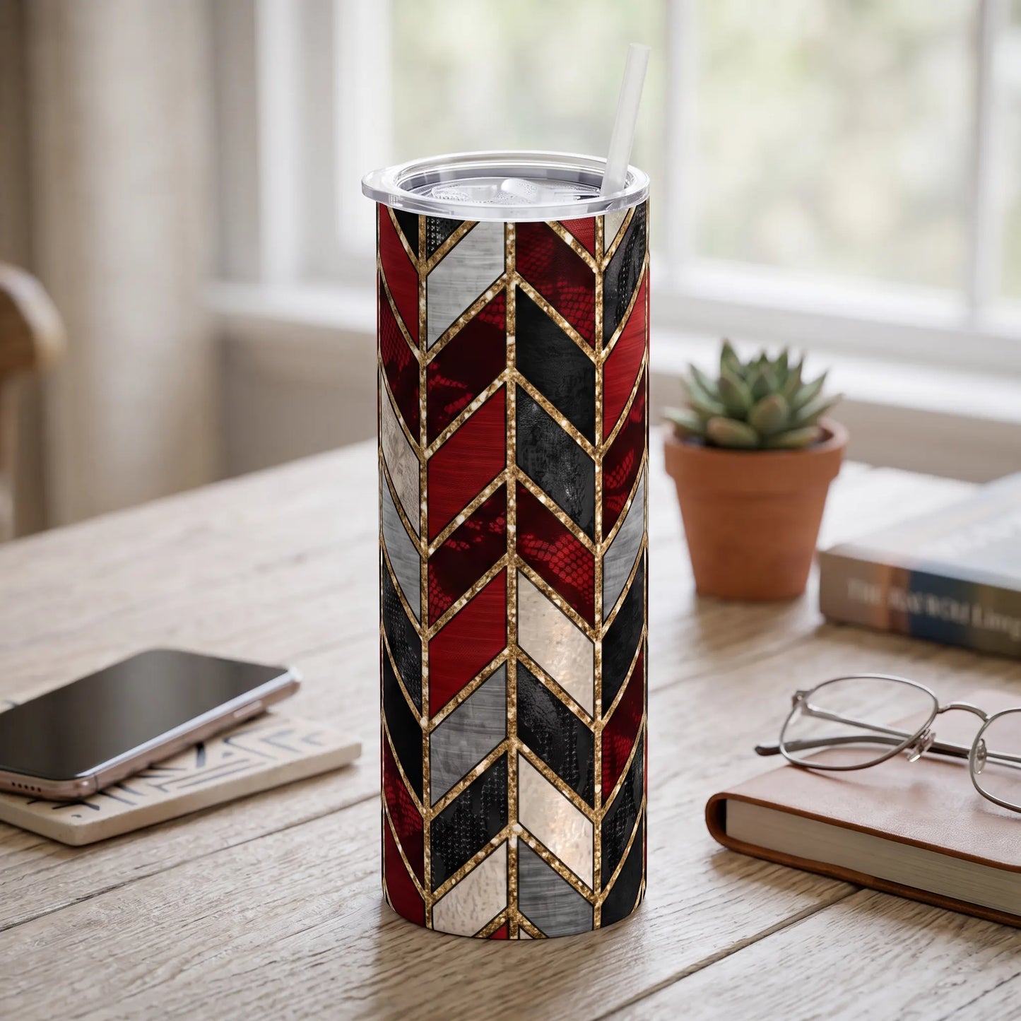 Red, Black & Gold Geometric Chevron 20oz Skinny Tumbler