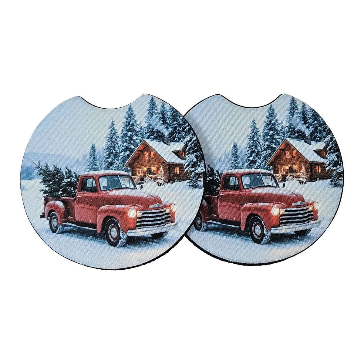 Vintage Red Christmas Truck 2-Pack Neoprene Car Coaster Set