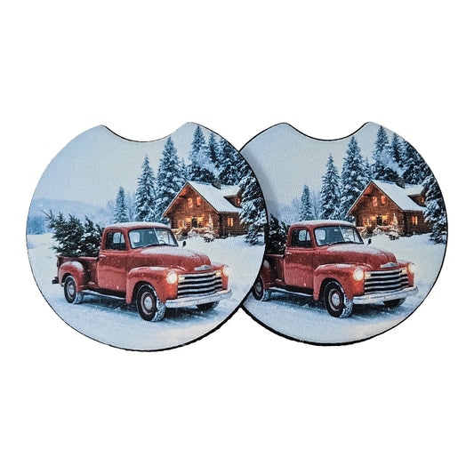 Vintage Red Christmas Truck 2-Pack Neoprene Car Coaster Set