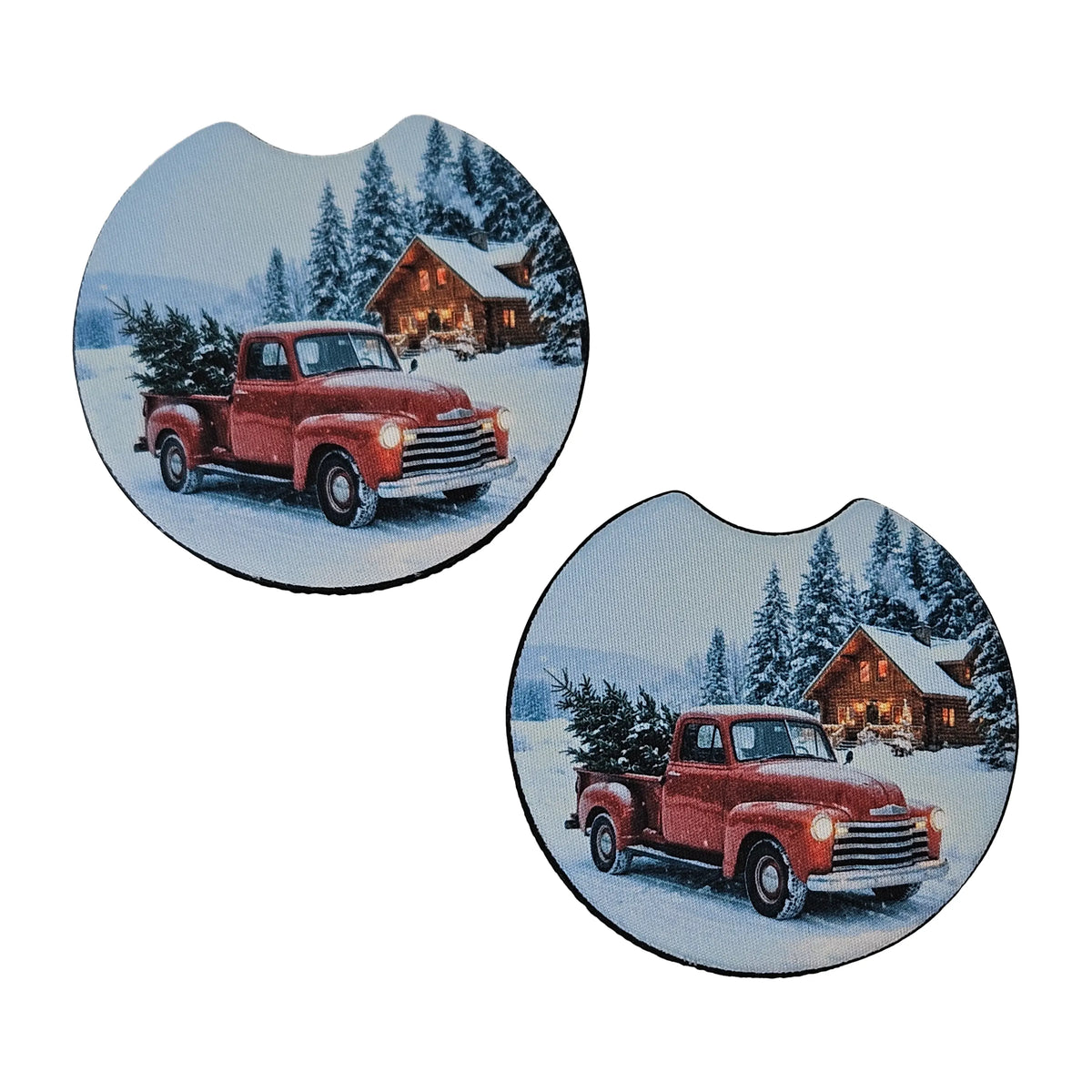 Vintage Red Christmas Truck 2-Pack Neoprene Car Coaster Set