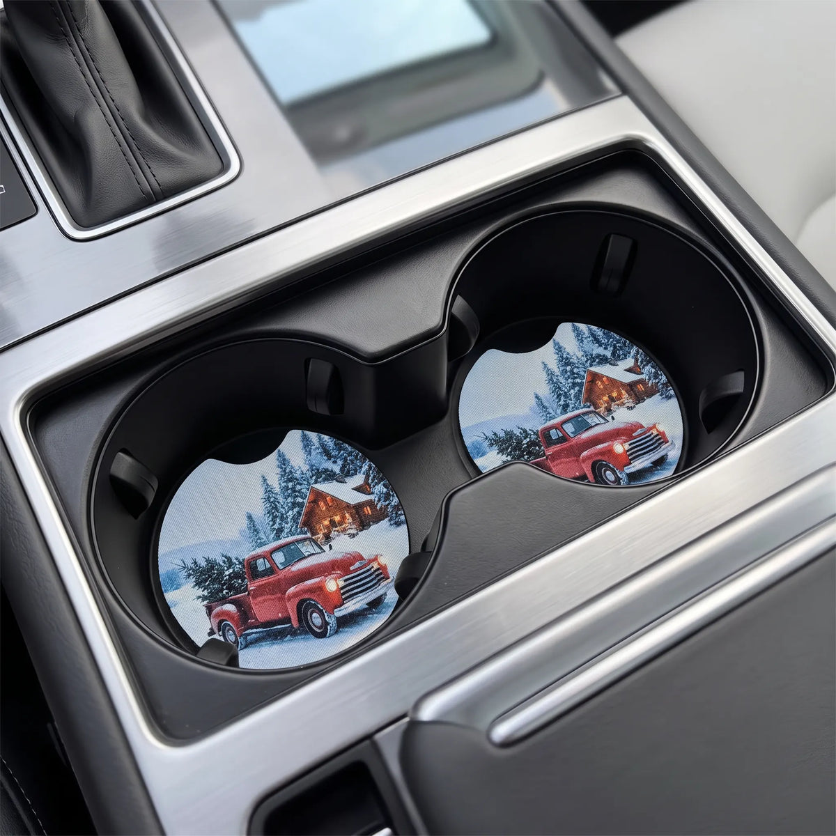 Vintage Red Christmas Truck 2-Pack Neoprene Car Coaster Set
