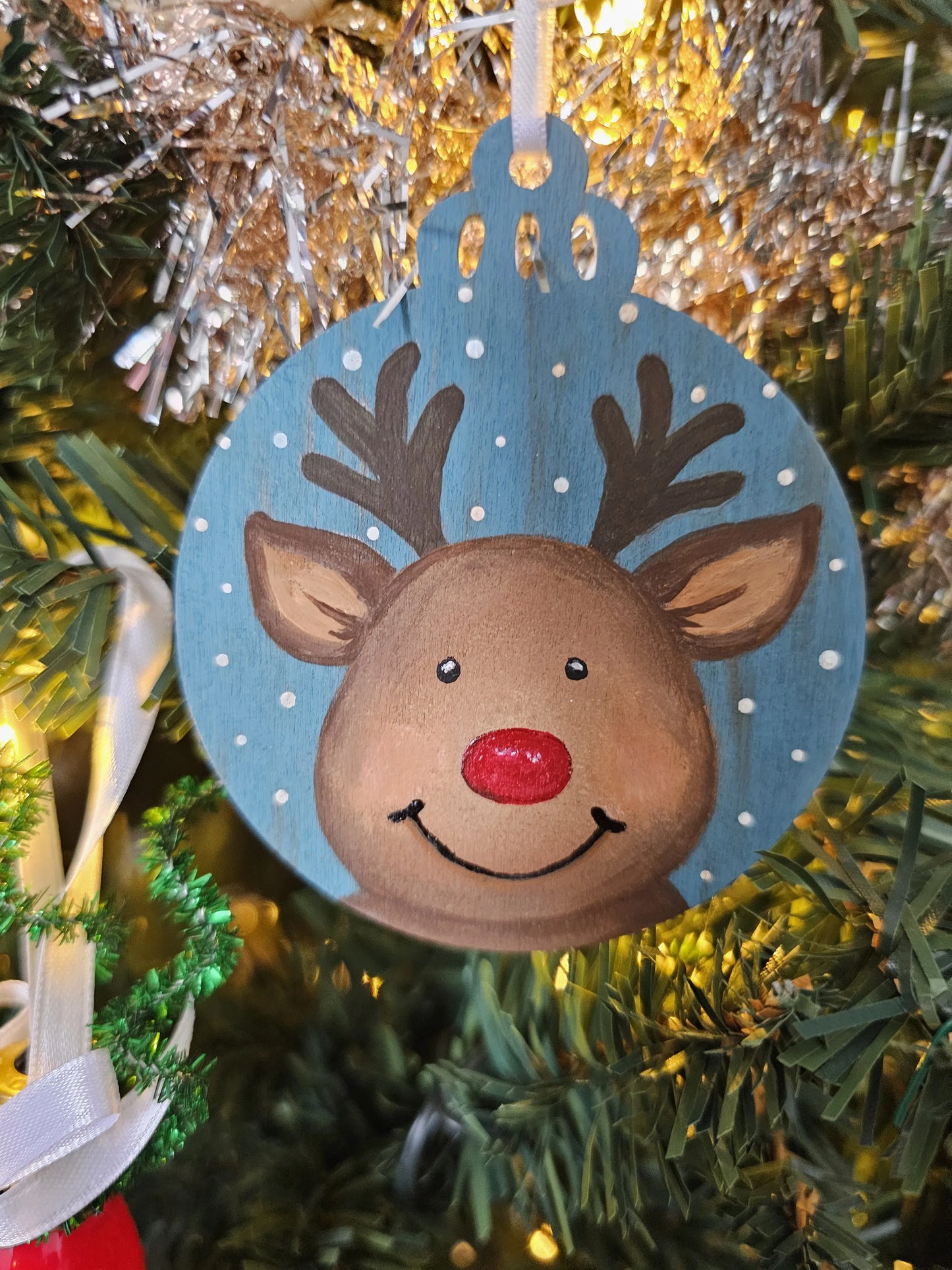 Two Piece Reindeer and Snowman Handpainted Wooden Christmas Ornament Set