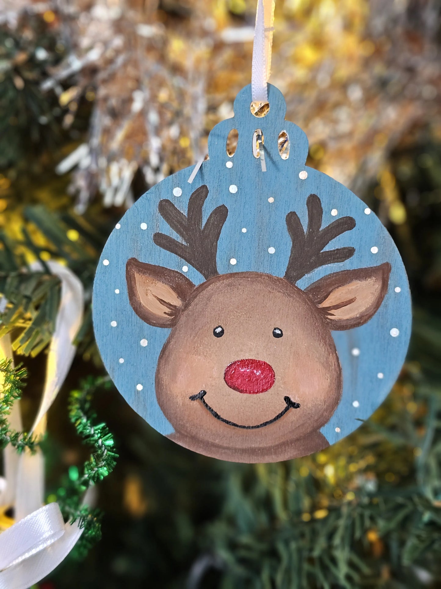 Two Piece Reindeer and Snowman Handpainted Wooden Christmas Ornament Set