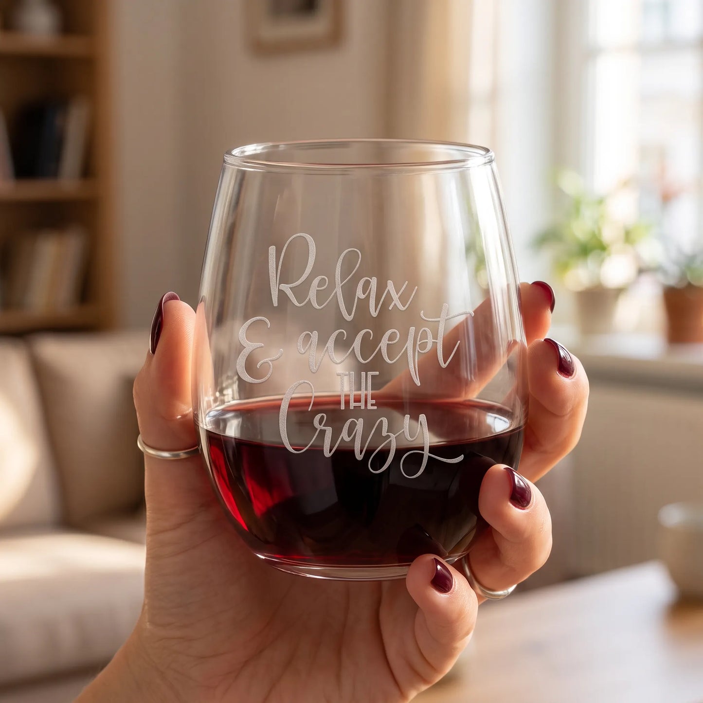 Relax & Accept The Crazy Etched 15oz Stemless Wine Glass