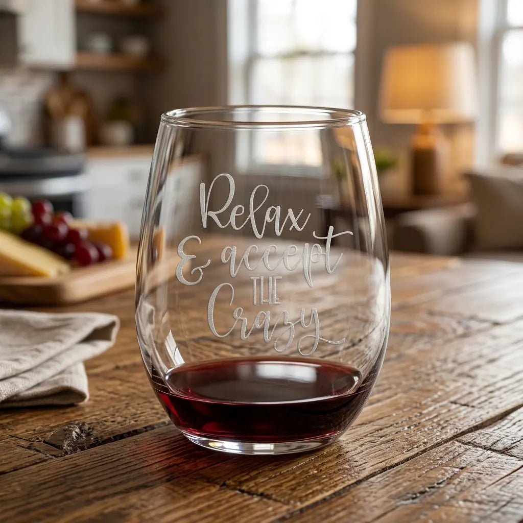 Relax & Accept The Crazy Etched 15oz Stemless Wine Glass
